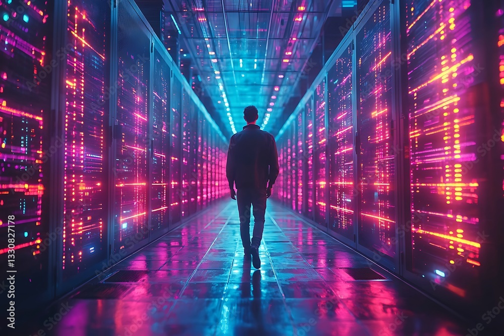 Obraz premium Faceless figure amidst a data center aglow with neon lights, portraying anonymity and solitude in the vast digital age