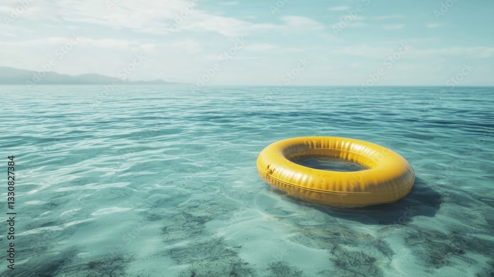 Yellow inflatable ring floats on calm ocean water. Yellow inflatable ring floats on calm ocean water.