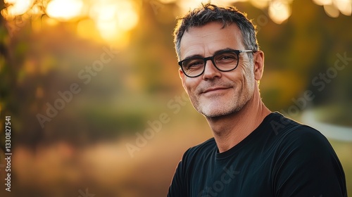 Warmth and Wisdom: A mature man, radiating contentment and experience, smiles warmly at the camera, capturing the golden light of a setting sun.