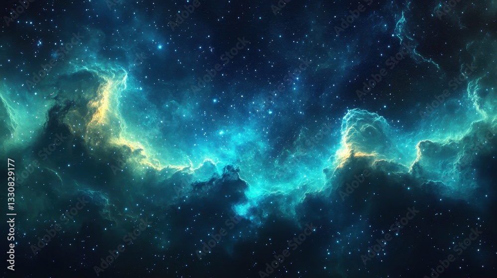 Stunning nebula in the sky with vibrant blue and green colors surrounded by exotic stars in an alien starfield