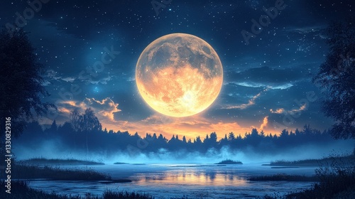 A brilliant full moon hanging over a serene lake surrounded by stars under a clear night sky creating peaceful atmosphere