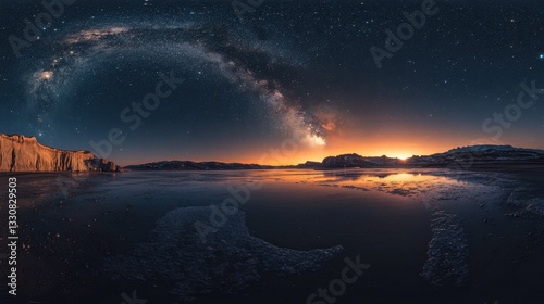 Serene beach with the milky way galaxy illuminating the night sky in a peaceful and wonderous atmosphere