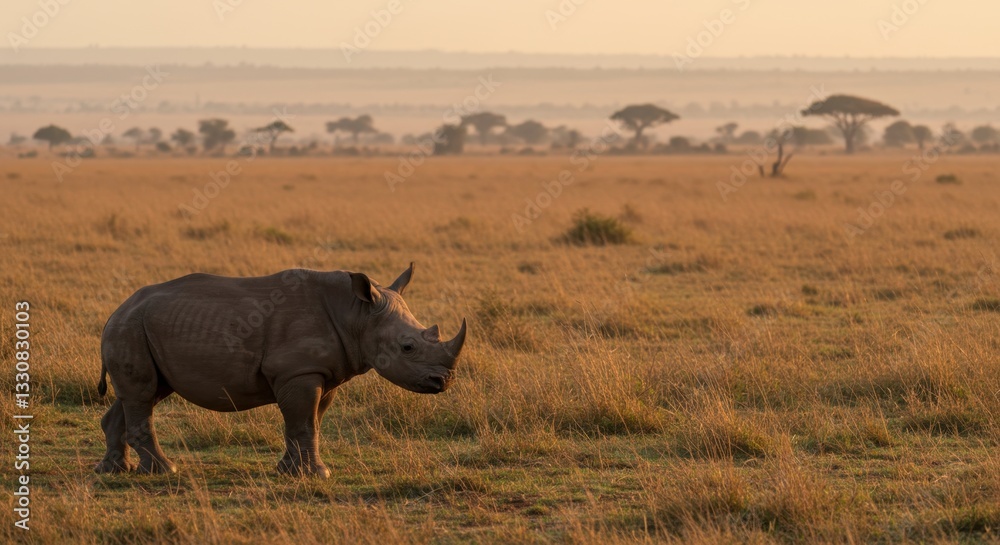 Fototapeta premium Serengeti Sunrise: A Young White Rhino in the African Savanna
