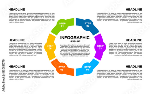 infographic design with 6 stages with full color for information and presentation.