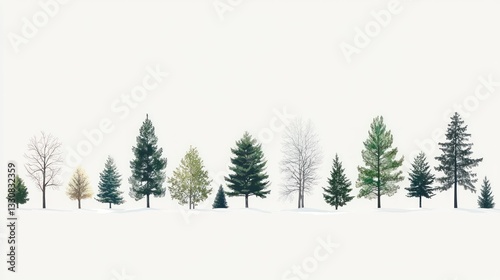 Row of diverse evergreen and deciduous trees in snow.