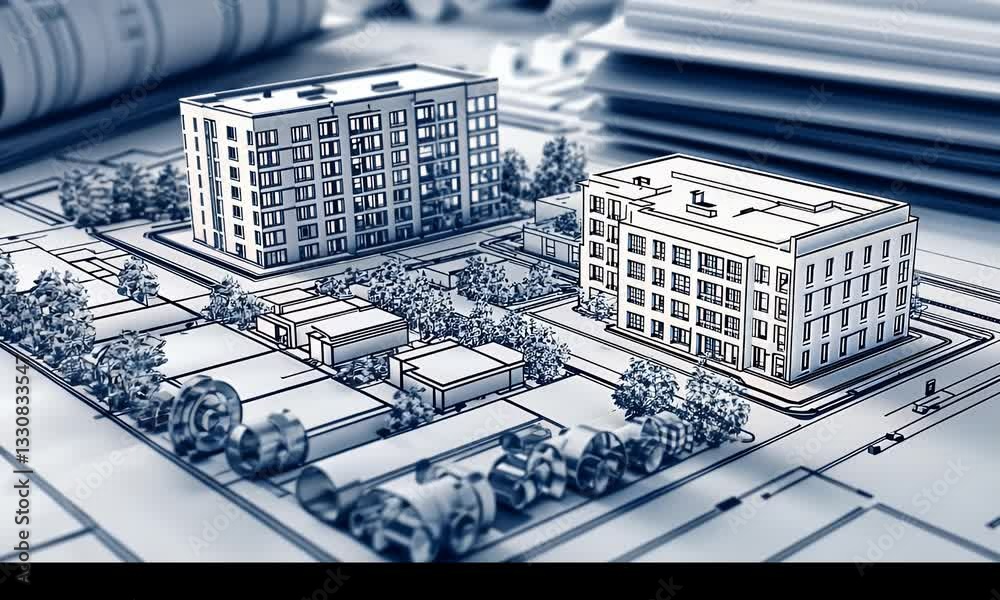 Architectural blueprints showcasing a complex of buildings. Detailed 3D ...