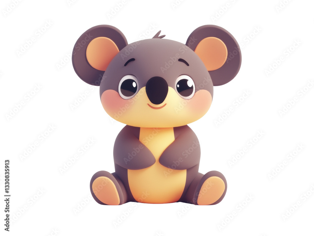 Fototapeta premium A cute, cartoon koala character sitting down, featuring large eyes and soft, rounded shapes in shades of gray and orange.
