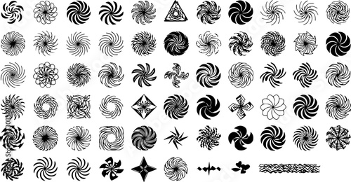 Spiral swirls. Speed circular symbol, twisted swirl elements, psychedelic hypnosis symbols, modern texture art logo vector signs
