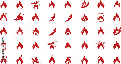 Spice level marks - mild, spicy and hot. Green and red chili pepper. Symbol of pepper with fire. Chili level icons set. Vector illustration isolated on white background. 