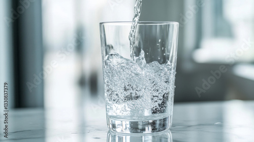 Crystal-clear water is poured into a glass on a sleek white marble surface, emphasizing purity and hydration