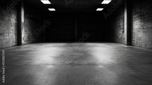 Empty warehouse captured in monochrome, emphasizing dramatic lighting and moody atmosphere. Empty warehouse with deep shadows and high contrast enhances the eerie atmosphere.