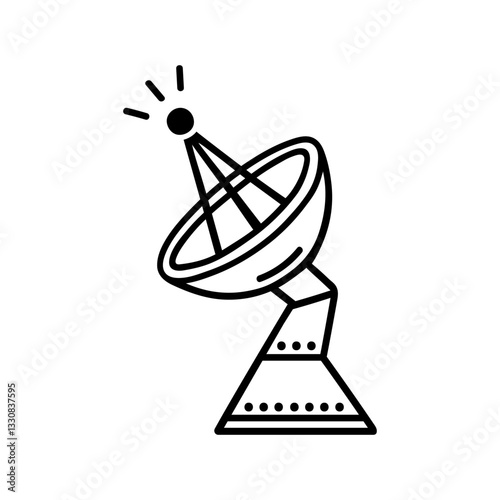 Radio telescope, vector icon. Satellite dish, instrument for communication, broadcasting, signal transmission, astronomy. Hand drawn black and white isolated doodle. Large antenna for receiving waves