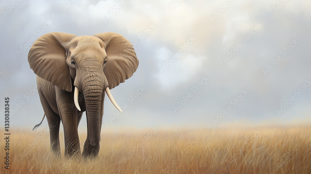 Obraz premium elegant oil painting of an African elephant in a golden field against a soft, muted sky. the elephant dominates the foreground in full view.