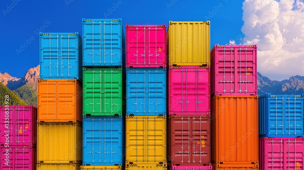 Fototapeta premium Colorful Shipping Containers Stacked Against a Mountain Backdrop