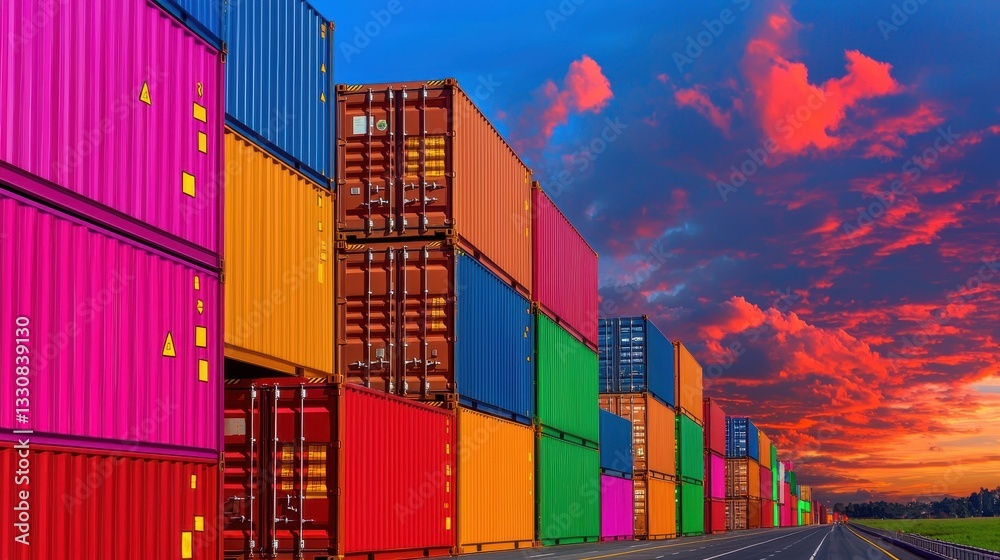 Fototapeta premium Colorful Shipping Containers Under Dramatic Sunset Sky