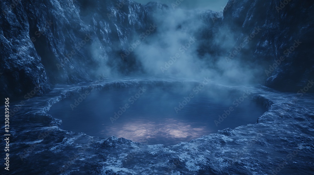Naklejka premium Mysterious glowing water pool surrounded by rocky cliffs and fog.