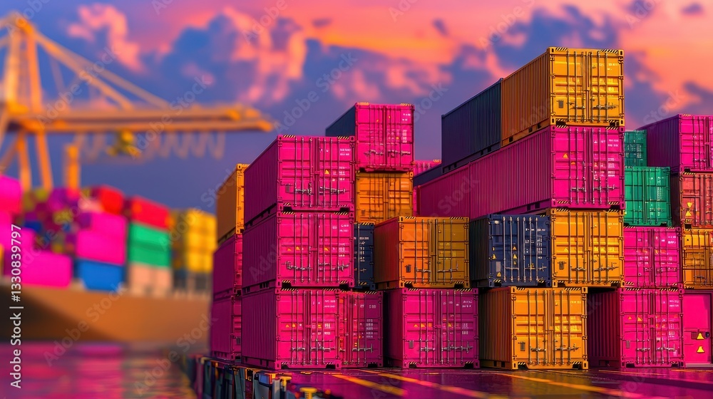 Fototapeta premium Vibrant Shipping Containers Stacked at a Busy Port During Sunset