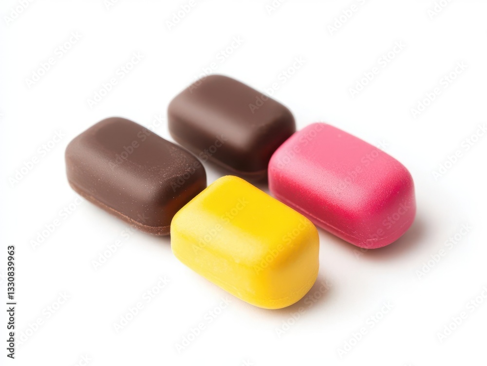 Vibrant Array of Colorful Chocolate Candy Pills Arranged Artfully on a Crisp White Background for a Playful Sweet Treat Concept