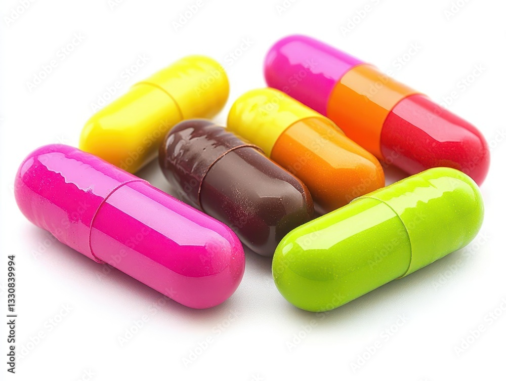 Vibrant Array of Colorful Chocolate Candy Pills Arranged Artfully on a Crisp White Background for a Playful Sweet Treat Concept Vibrant Array of Colorful Chocolate Candy Pills Arranged Artfully on a Crisp White Background for a Playful Sweet Treat Concept