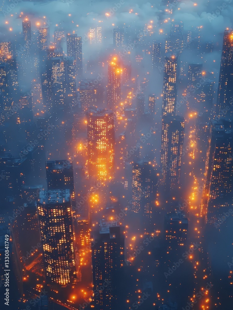 Fototapeta premium Stunning aerial view of a city skyline shrouded in mist, illuminated by glowing lights, creating a captivating and atmospheric urban landscape.