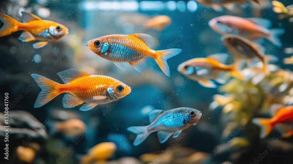 Fototapeta premium Vibrant aquarium fish in a planted tank. Colorful fish, active and healthy, swimming among aquatic plants