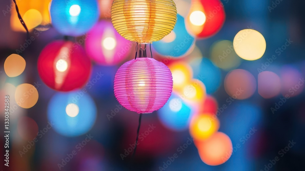 Vibrant Colorful String Lights and Playful Lanterns Creating a Festive Urban Celebration with Dynamic Energy and Contemporary Flair