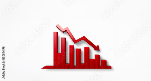 Red bar chart with a prominent downward arrow signifies a negative trend.  This visual element represents decline, loss, or a decrease in value, set against a clean white backdrop.