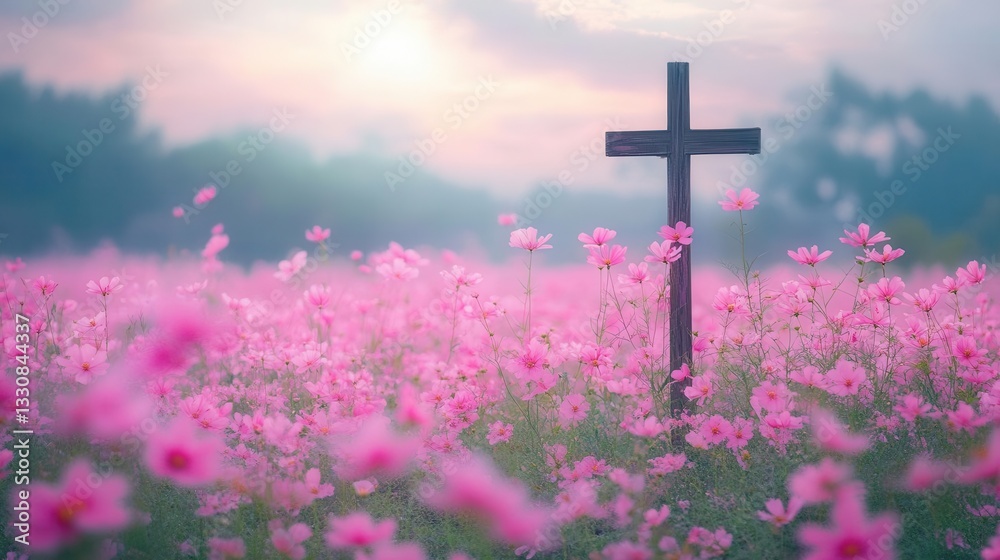 Vibrant Field of Pink Blossoms Embracing a Poignant Cross Merging Nature's Beauty with Deep Spiritual Reflection and Emotional Landscape Vibrant Field of Pink Blossoms Embracing a Poignant Cross Merging Nature's Beauty with Deep Spiritual Reflection and Emotional Landscape
