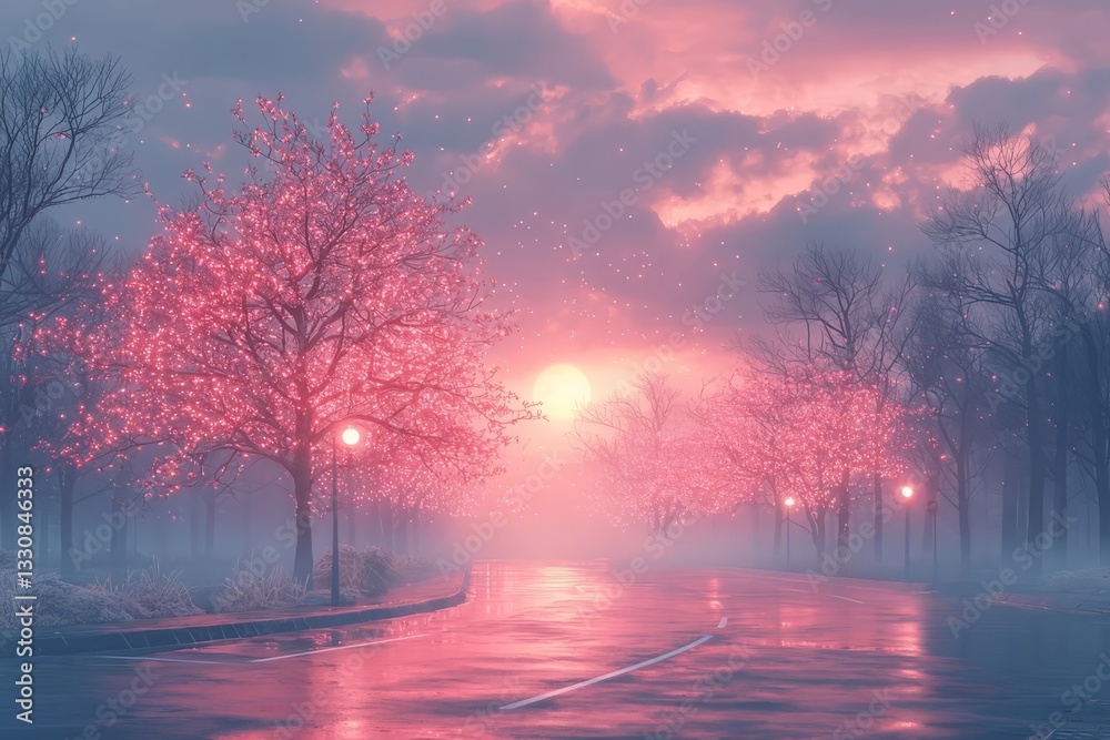 Naklejka premium Serene sunset over a misty road lined with blooming cherry blossom trees, creating a dreamy and tranquil atmosphere.