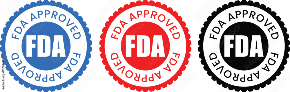 vector set of FDA (Food And Drug Administration) Approved Seal Badges in Red, Blue, and Black Colors vector set of FDA (Food And Drug Administration) Approved Seal Badges in Red, Blue, and Black Colors