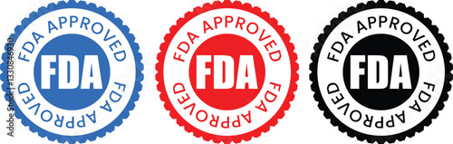 vector set of FDA (Food And Drug Administration)  Approved Seal Badges in Red, Blue, and Black Colors