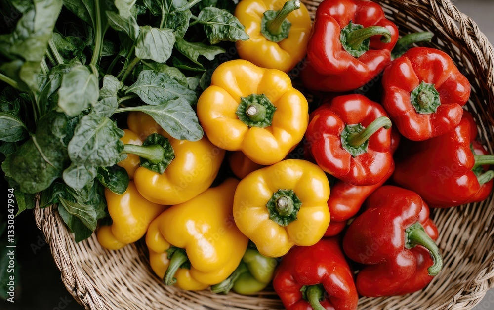 Fresh Red And Yellow Bell Peppers With Leafy Greens Fresh Red And Yellow Bell Peppers With Leafy Greens