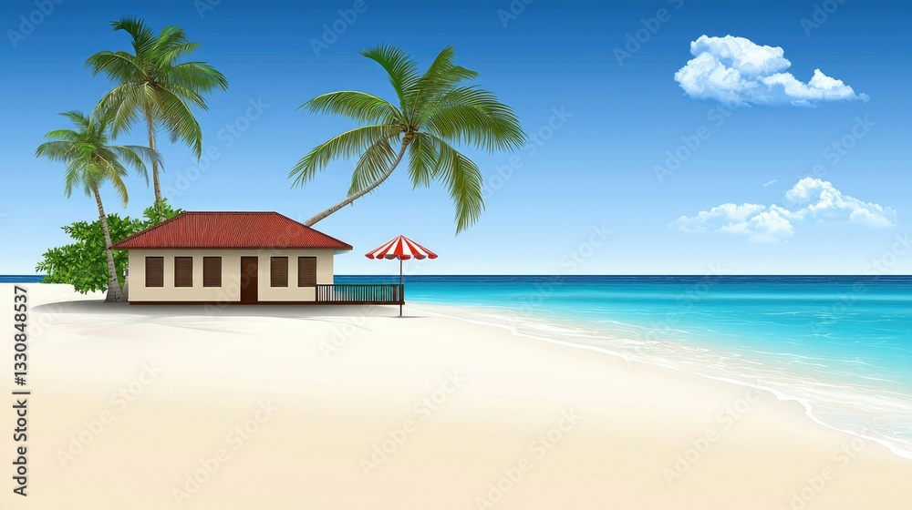Fototapeta premium Serene Tropical Beach House with Palm Trees and Bright Blue Ocean Under Clear Sky
