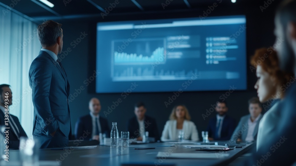 Professional Business Meeting with Leader Presenting Data Visualization to Engaged Audience Professional Business Meeting with Leader Presenting Data Visualization to Engaged Audience