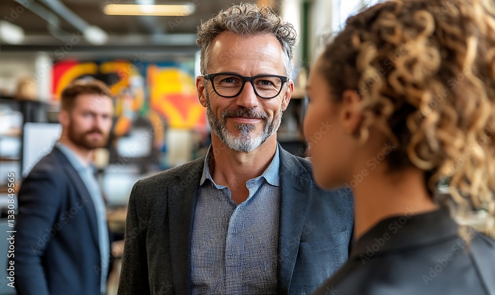 Confident Businessman and Woman in Office Conversation Confident Businessman and Woman in Office Conversation