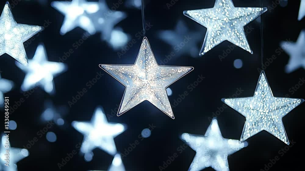 Glowing star-shaped lights hanging in the dark creating a magical festive atmosphere  
