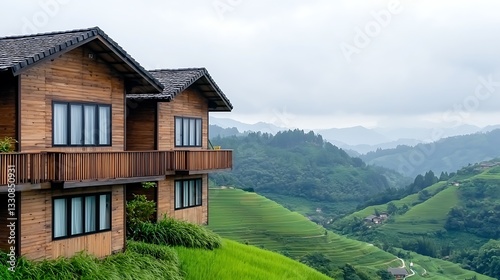 Wallpaper Mural Scenic wooden houses overlooking lush green rice terraces and misty mountains in a tranquil landscape Torontodigital.ca