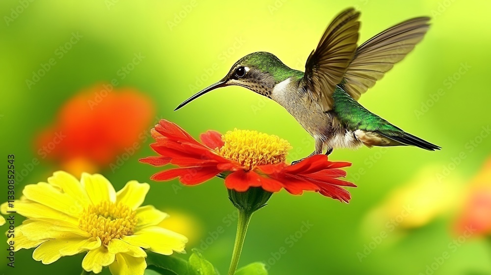 Fototapeta premium Hummingbird Feeding on Vibrant Red Flower Green Garden Cute Tiny Wings Petal Bloom Color
