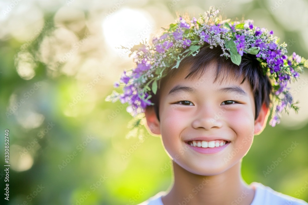 Sunny daylight. Smiling asian teenager boy with tt hair wearing purple flower circlet on his head. Happy sunny days holidays creative graphic design. Boy with bright summer energy. Sunny daylight. Smiling asian teenager boy with tt hair wearing purple flower circlet on his head. Happy sunny days holidays creative graphic design. Boy with bright summer energy.