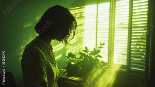 Woman in Contemplation Silhouette Bathed in Green Light Inside a Room with Window Shutters