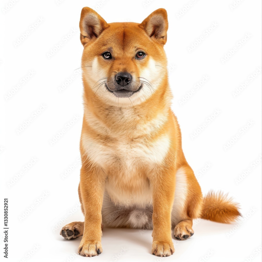 With its noble expression and compact frame, the Shiba Inu poses gracefully against the bright, blank white background.