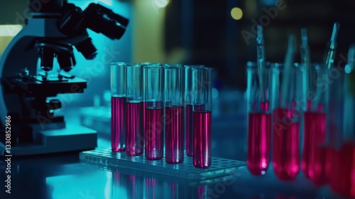 Pink liquid in test tubes, lab equipment, microscope