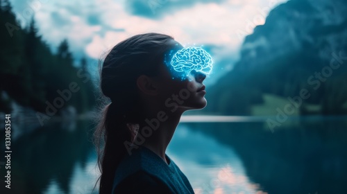Woman Wearing Futuristic Glasses Gazing Thoughtfully by Serene Lake Surrounded by Mountains