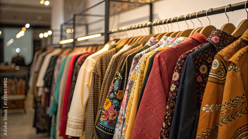A Vibrant Collection Of Uniquely Patterned Clothing Hangs On A Rack, Showcasing A Stunning Array Of Colors And Textures In A Stylish Boutique A Vibrant Collection Of Uniquely Patterned Clothing Hangs On A Rack, Showcasing A Stunning Array Of Colors And Textures In A Stylish Boutique