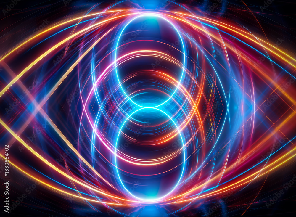 Abstract eye-like shape created from luminous light trails, showcasing a vibrant blend of blue, orange, and red colors. Dynamic and visually striking. Abstract eye-like shape created from luminous light trails, showcasing a vibrant blend of blue, orange, and red colors. Dynamic and visually striking.