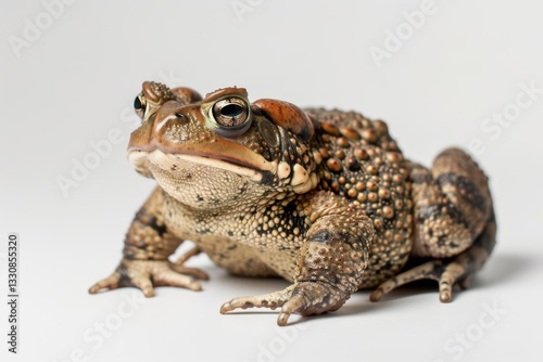 The toad’s detailed, warty skin and wide-set eyes stand out in high definition, framed by a plain white background.