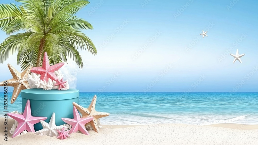 Obraz premium Vibrant Tropical Beach Scene with Palm Tree, Starfish, and Calm Ocean Waters
