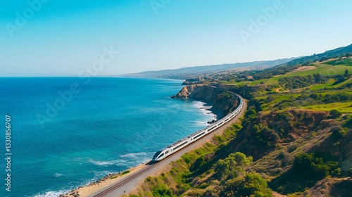 Scenic Coastal Train Journey High Speed Rail Traveling along Ocean Cliffs