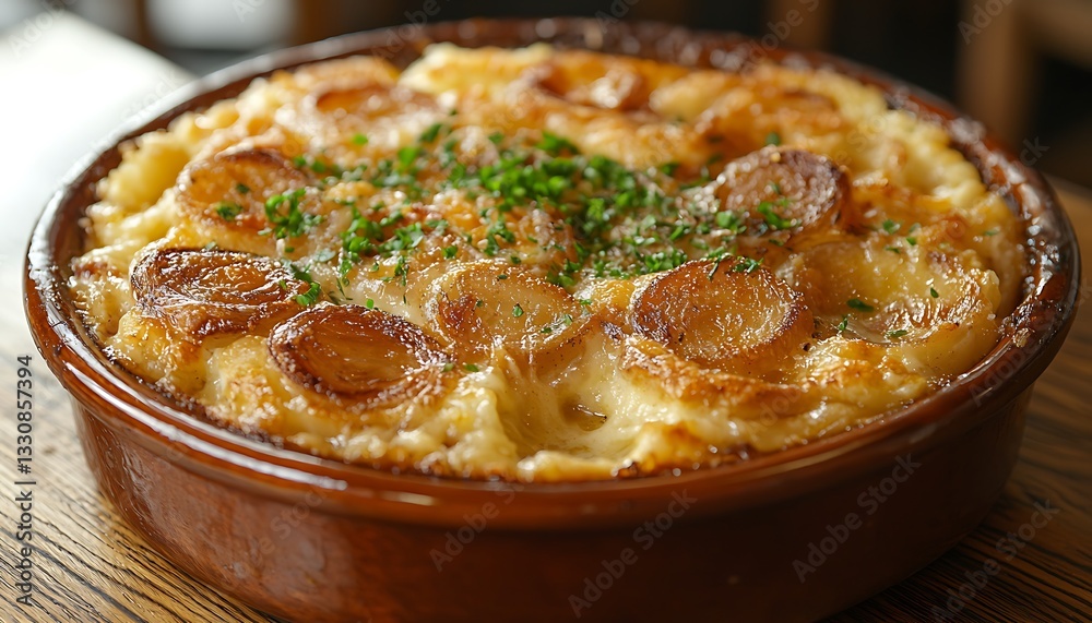 Potato gratin in brown pot on wooden table Potato gratin in brown pot on wooden table