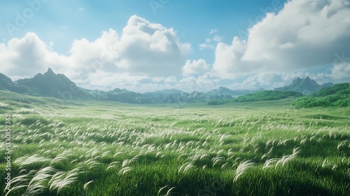 The grassland stretches endlessly, its emerald-green blades swaying in the gentle breeze like an ocean of silk